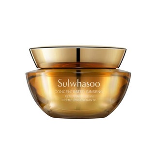 A golden jar of Sulwhasoo Concentrated Ginseng Renewing Cream on white background